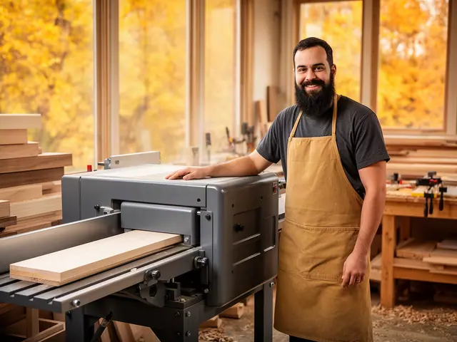 A smiling woodworker in a canvas apron beside a new gray planer with a pine board, autumn trees outside.