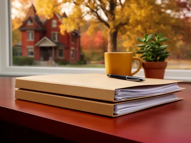 A neat stack of closed manila folders and a pen on a desk by a window.