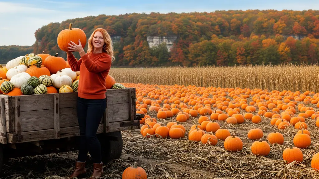 A smiling pumpkin-farm owner lifting a pumpkin beside a wooden wagon of squash in a field below autumn bluffs.