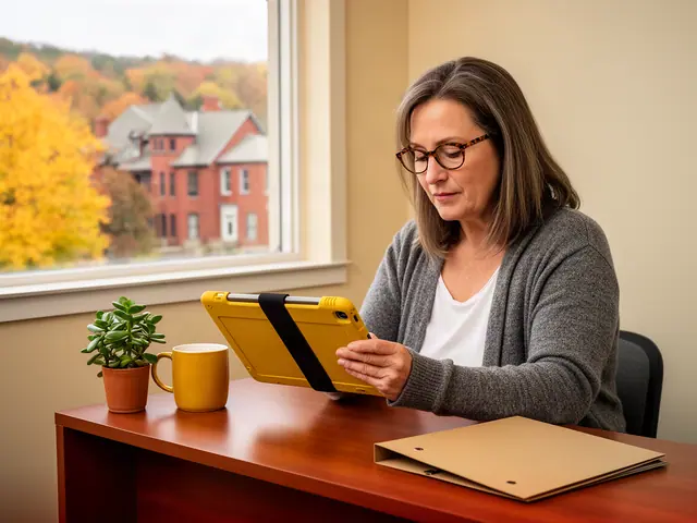A woman with shoulder-length ash-brown hair and tortoiseshell glasses reviewing a tablet at a desk in a small back office.