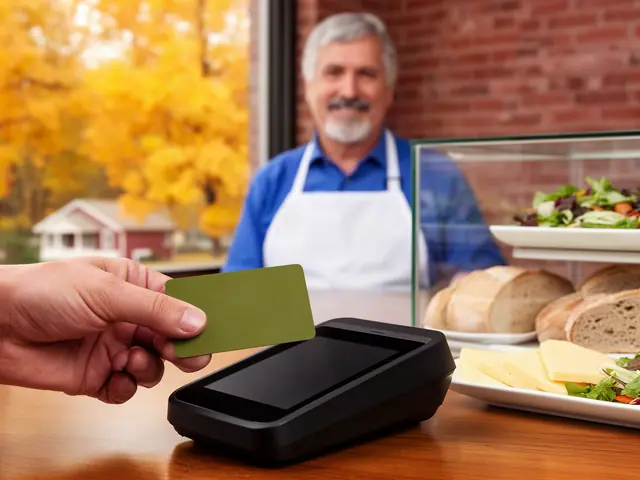 A customer taps a green card on a counter terminal at a deli with fresh bread and salads.