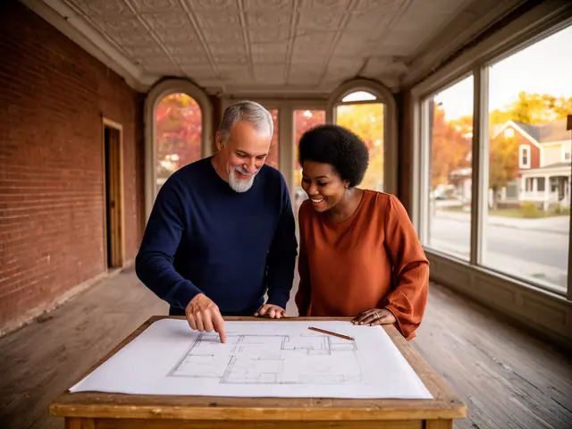 Two business partners looking over a pencil floor sketch in an empty storefront.