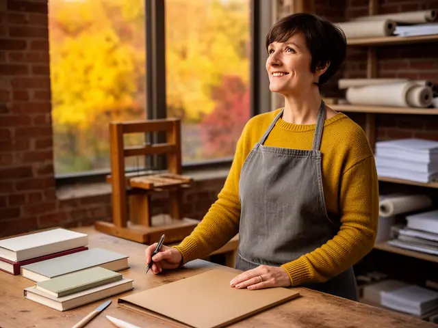 A smiling bookbinder in a gray apron at a worktable with handmade books and a closed folder.